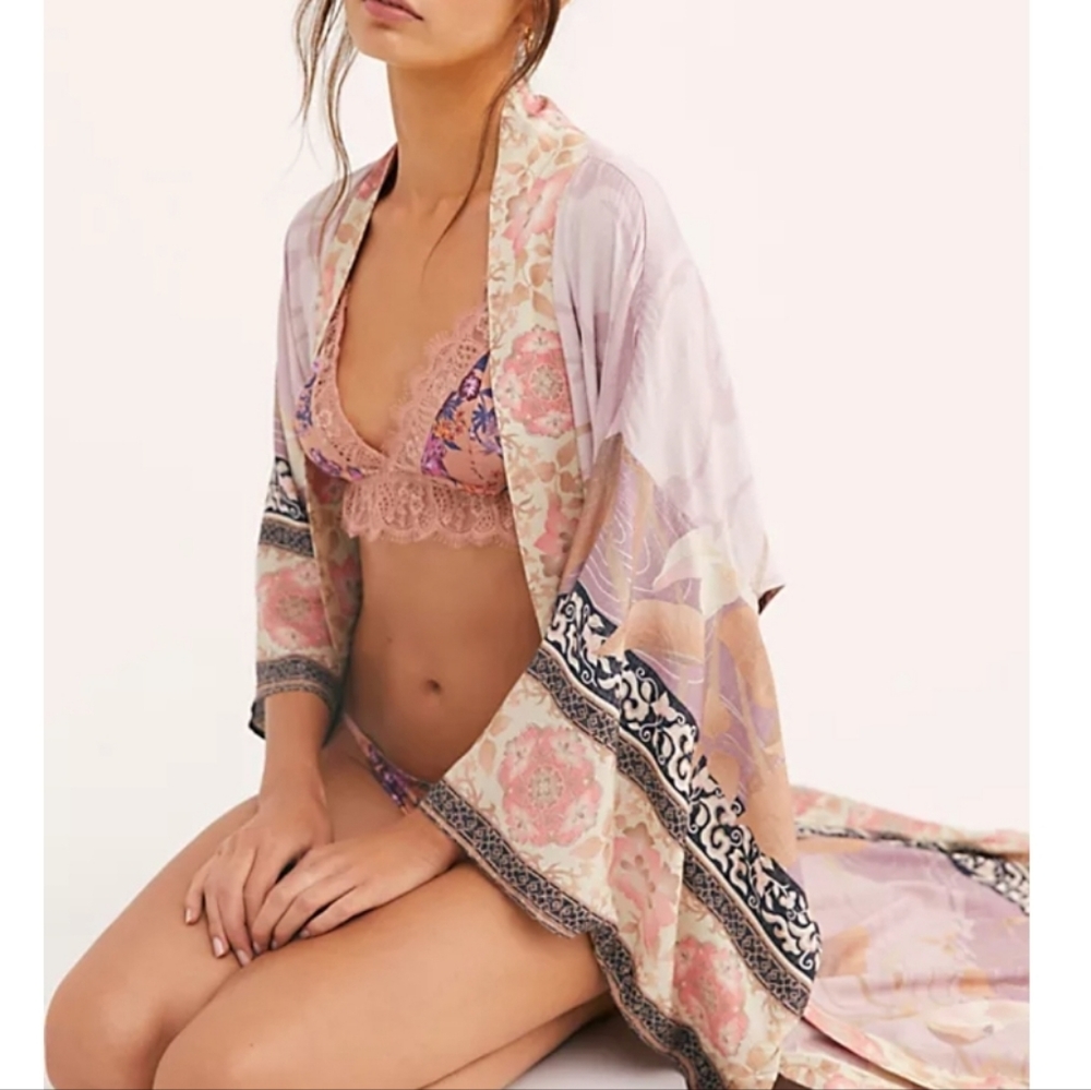 NEW Bohemian Vintage Floral Kimono Maxi Duster Dusty Pink Black - Picture 4 of 9